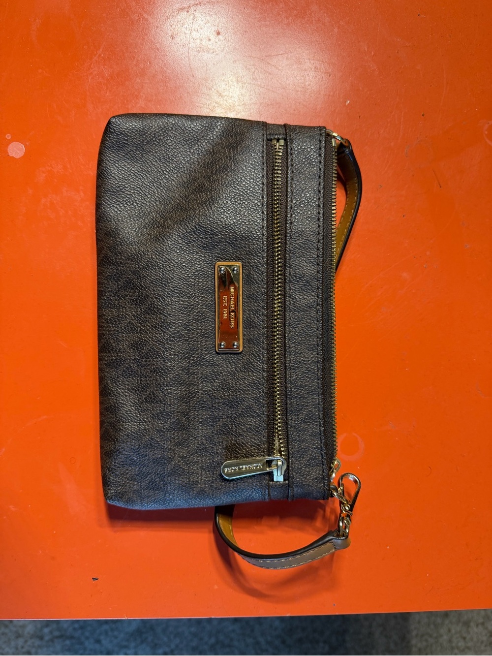 Michael Kors Dark Brown Leather Wristlet with Gold Hardware